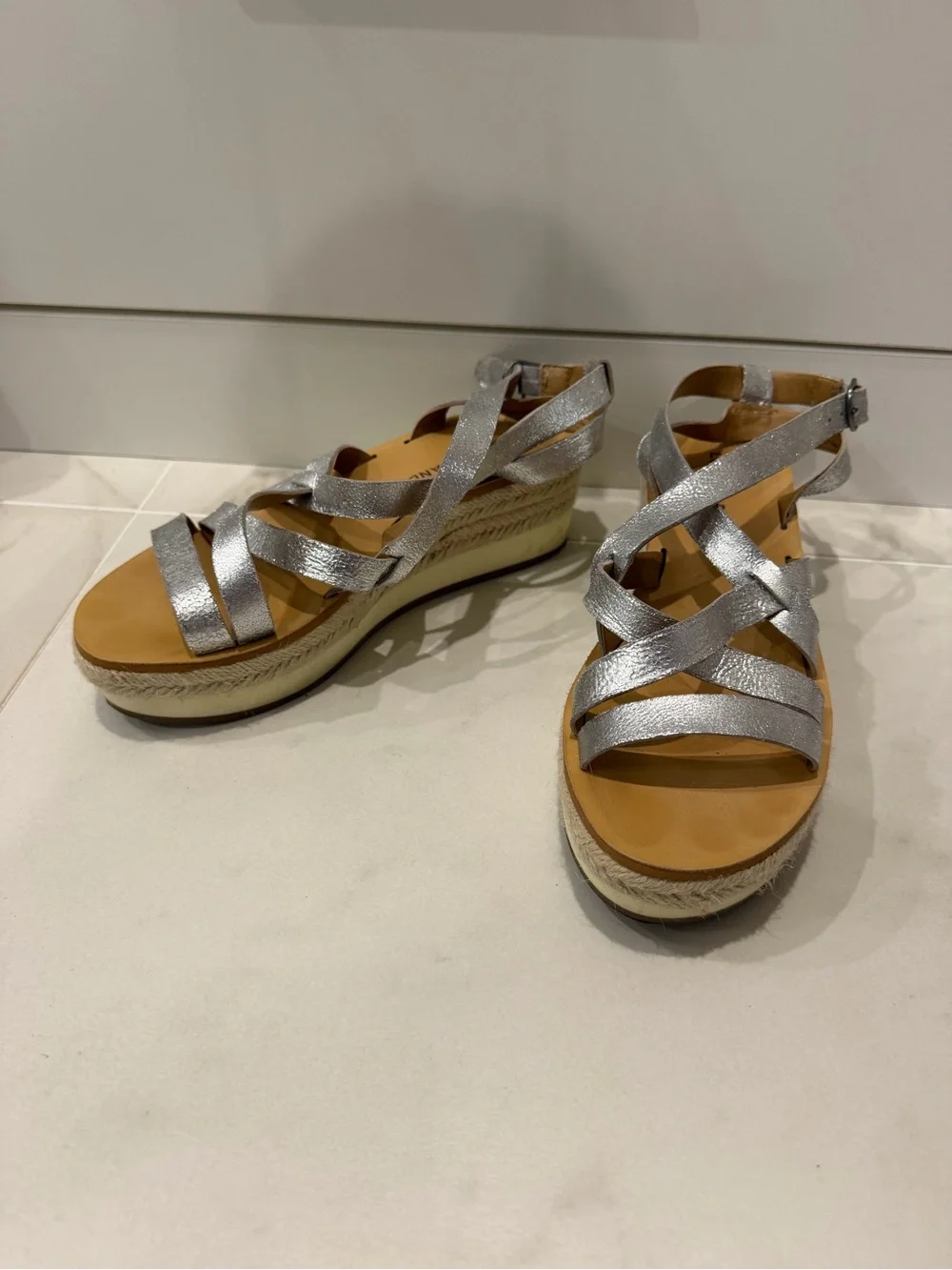 Lucky Brand Silver Metallic Strappy Espadrille Wedge Sandals